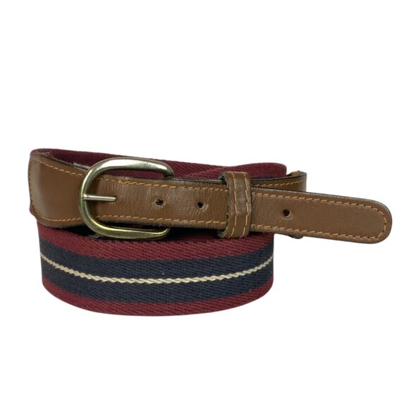 Izod Lacoste Mens 38 Genuine Tabbed Leather Fabric Belt Red Navy Stripe Preppy - Picture 1 of 5